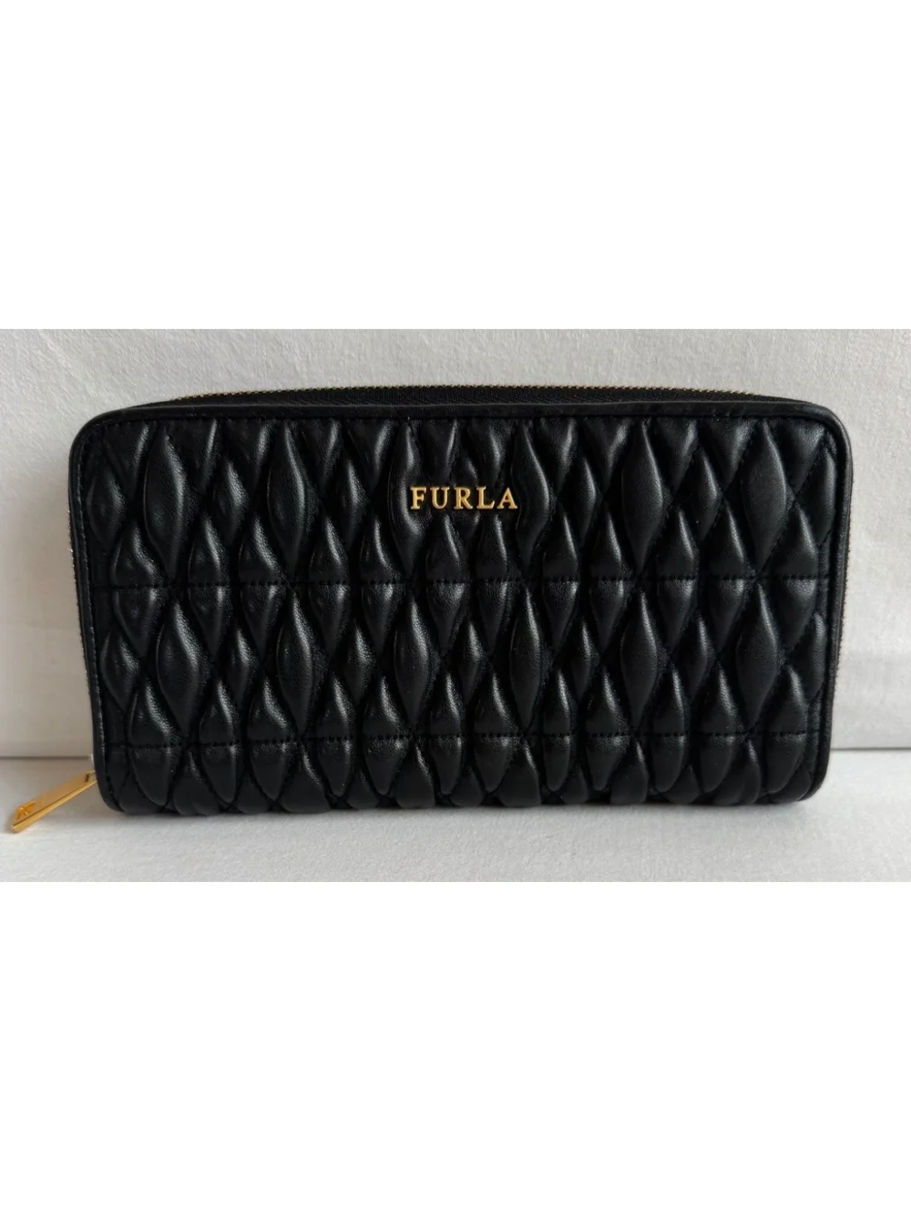 Furla Black Quilted Leather Continental Zip Around Wallet Gold Hardware Italy